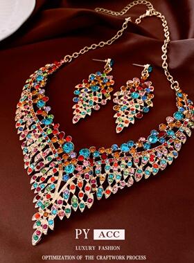 中古vintage银针树叶耳环项链重工复古毛衣链轻奢百搭首饰套装女