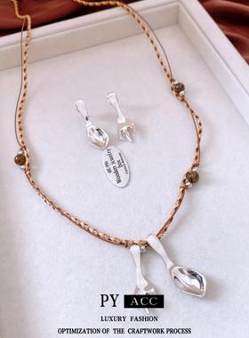 甜酷风不对称勺子耳环项链设计感小众毛衣链个性潮流百搭首饰套装