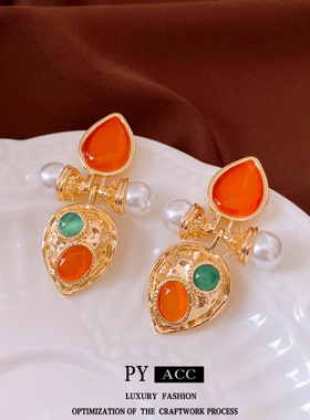 中古风银针猫眼石水滴吊坠耳环轻奢高级感小众耳钉时尚百搭耳饰女