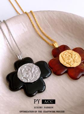 树脂花朵褶皱可调节吊坠项链中古vintage简约毛衣链夸张复古项饰