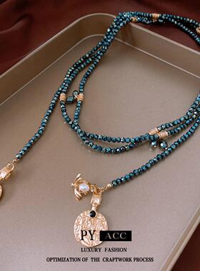 中古vintage镶钻叠戴珍珠项链复古轻奢毛衣链百搭高级感饰品