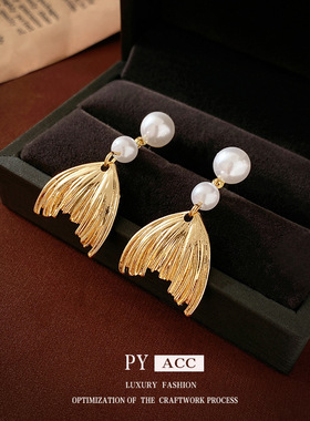银针鱼尾流苏珍珠耳环法式ins复古时尚耳钉小众高级感耳饰女