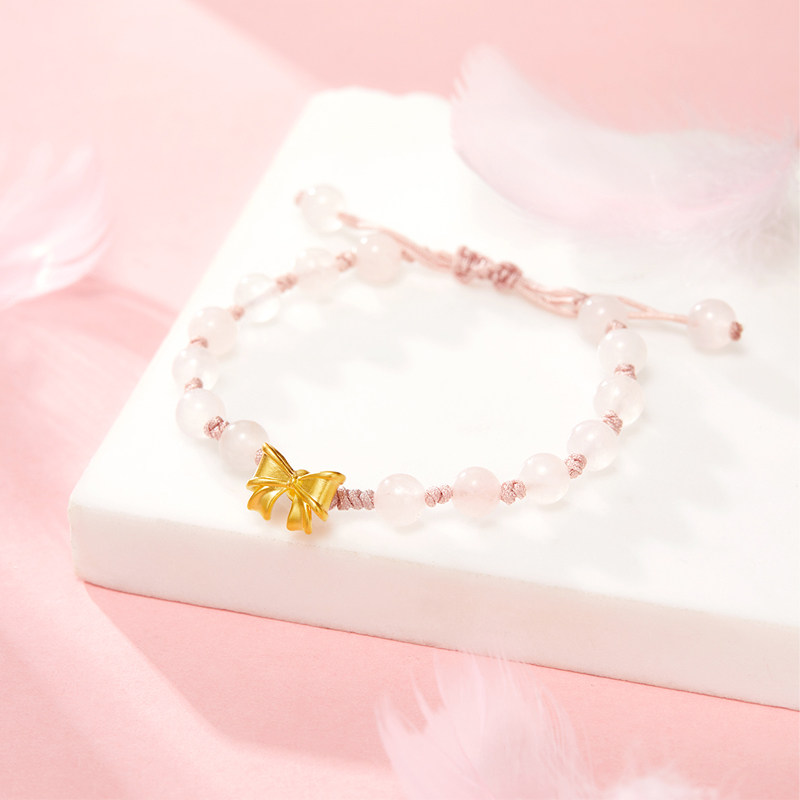 love＆love黄金蝴蝶手绳足金999手串粉晶珠首饰5D硬金送女友礼物