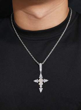 【ICEJAG】S925银莫桑钻嘻哈经典双色十字架吊坠欧美潮流配饰