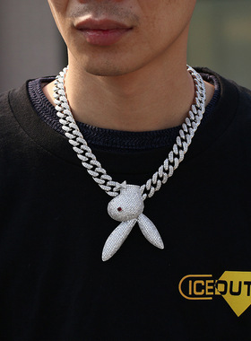 欧美rapper同款铜微镶满锆石嘻哈潮流个性卡通可爱红眼兔子项坠