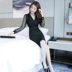 Váy mùa thu 2019 mới của phụ nữ khí chất tay dài màu đen OL Slim mỏng gợi cảm túi đeo hông cổ chữ v - váy đầm váy xoè dài váy đầm