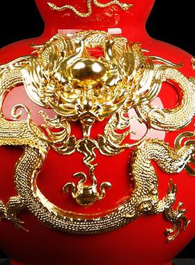 吉祥漆线雕中国红花瓶陶瓷工艺品