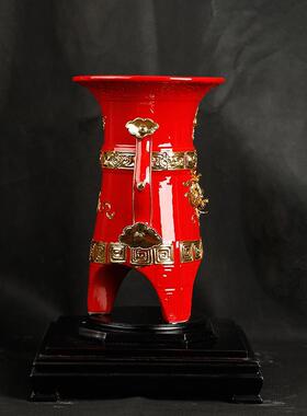 如意中国红漆线雕龙腾盛世摆件