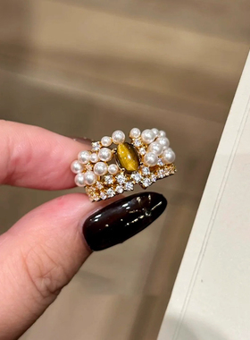 皇冠仿虎中古虎眼石珍珠闪钻戒指老钱风轻奢高级感小众食指戒