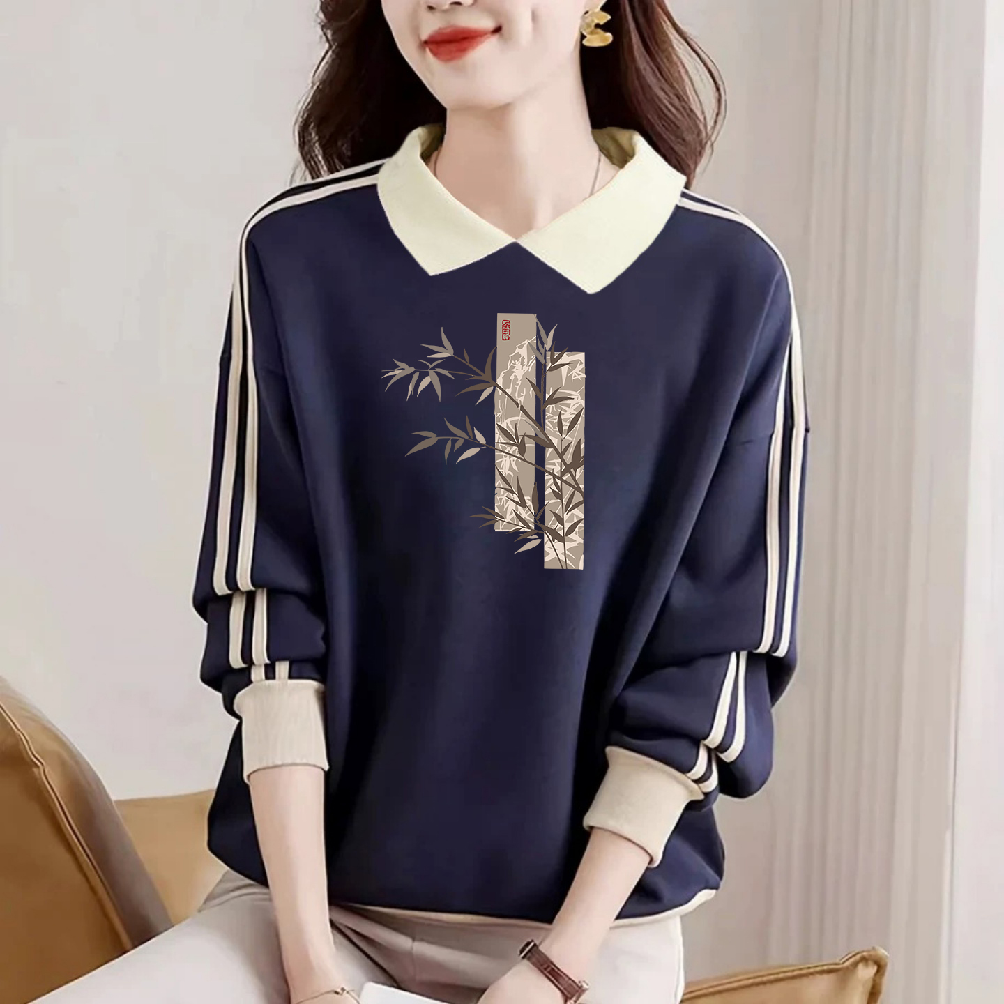 外贸出口女装纯棉长袖卫衣女宽松打底衫文艺显瘦百搭拼色休闲上衣 - 图0