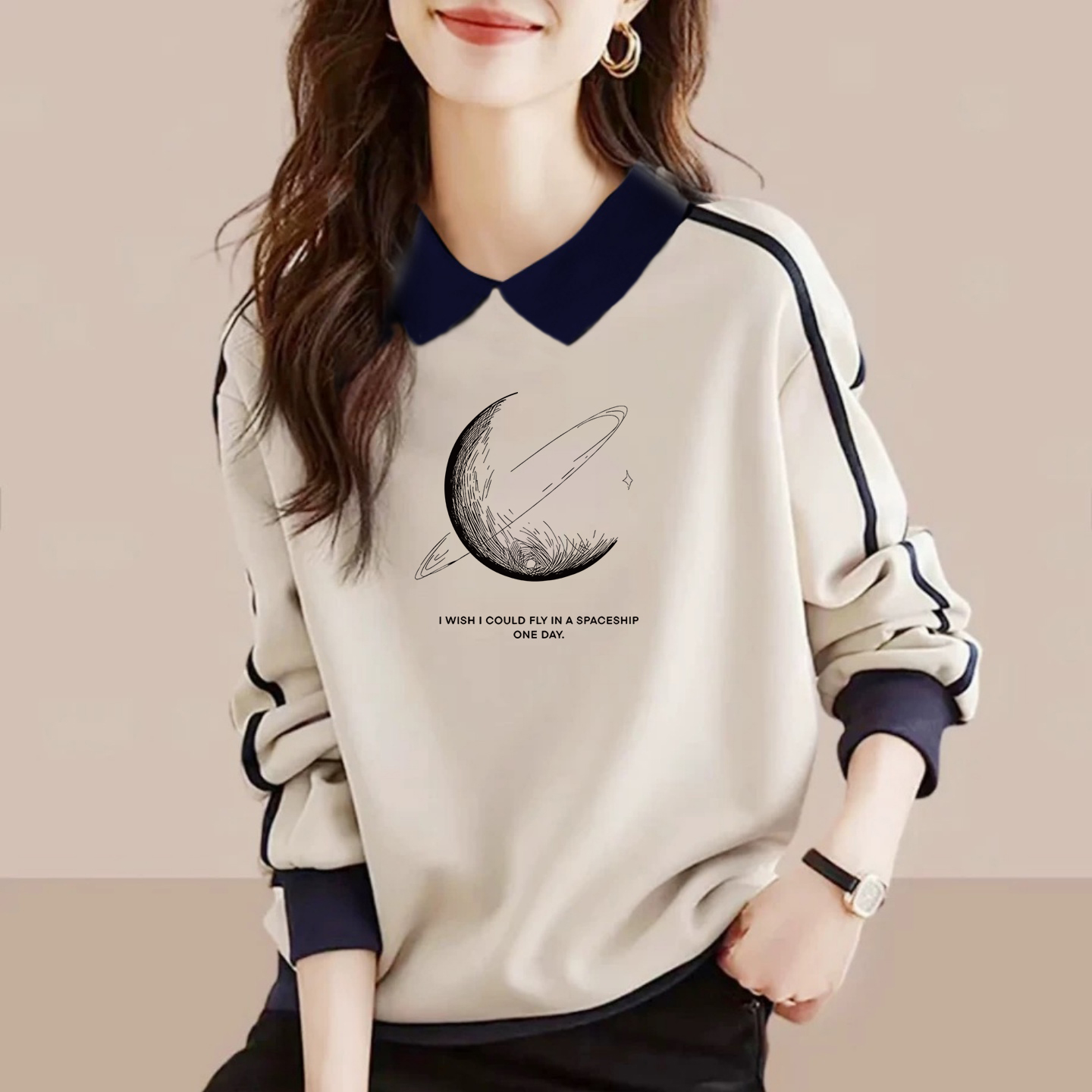 外贸出口女装纯棉长袖卫衣女宽松打底衫文艺显瘦百搭拼色休闲上衣 - 图1