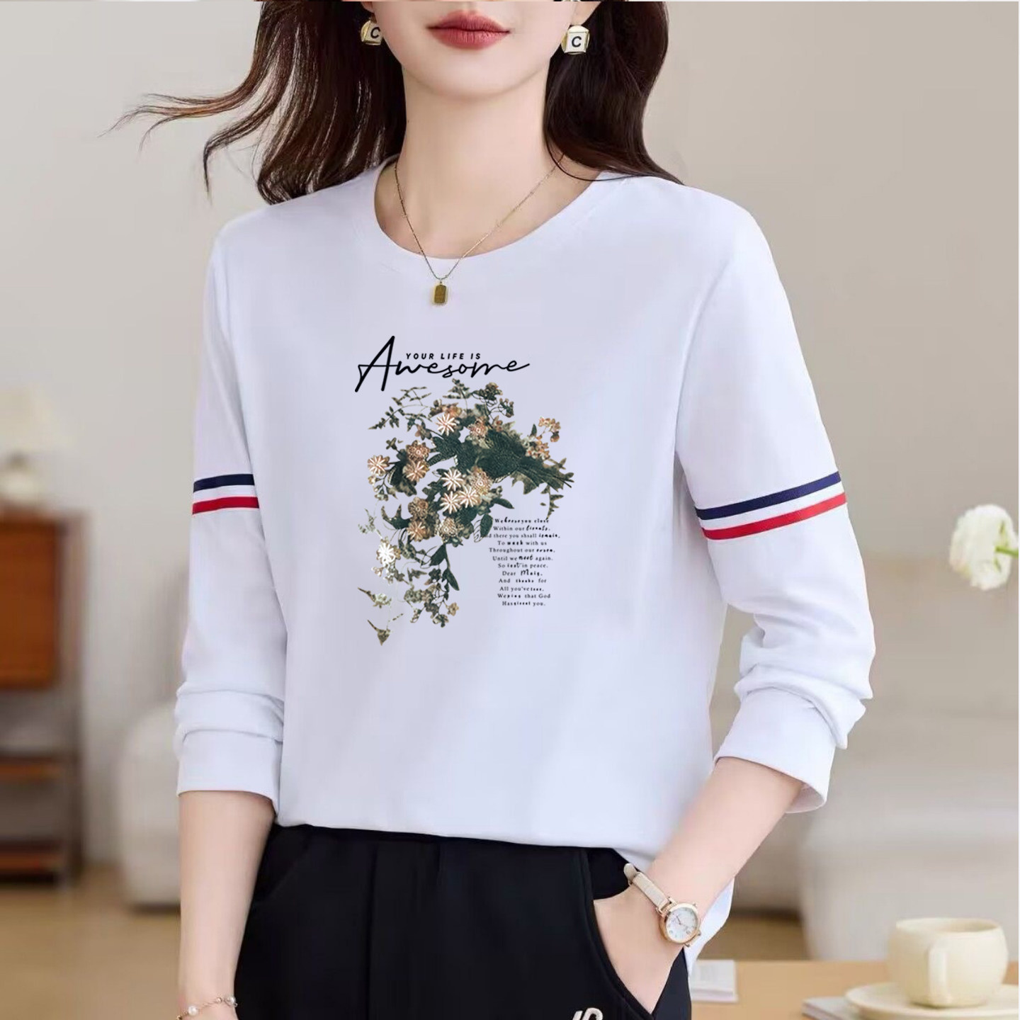 春季新款休闲长袖T恤女时尚撞色条纹纯棉内搭打底衫宽松印花上衣,淘宝优惠券,粉丝福利购,淘宝优惠卷