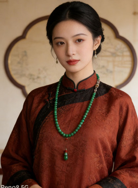 新中式玉石毛衣链女绿色项链