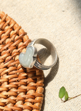 复古做旧如意戒指女镀银仿和田玉古风饰品开口指环国潮首饰批发