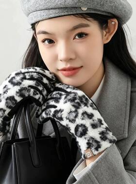 欧美新款豹纹时尚保暖手套女冬季加绒加厚可触屏防风百搭气质手套