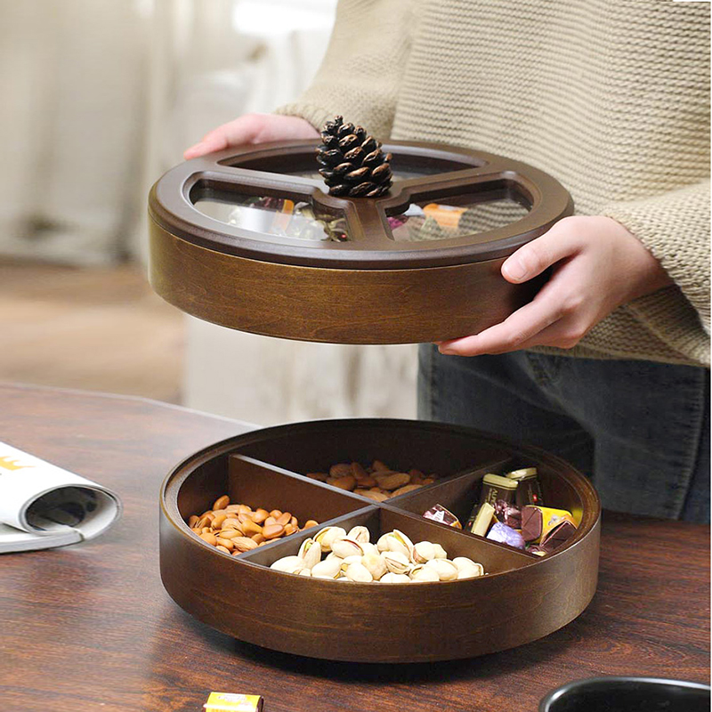 热卖美式桌面零食盒坚果盘客厅创意家用糖果盒分格带盖干果盘木质 - 图2