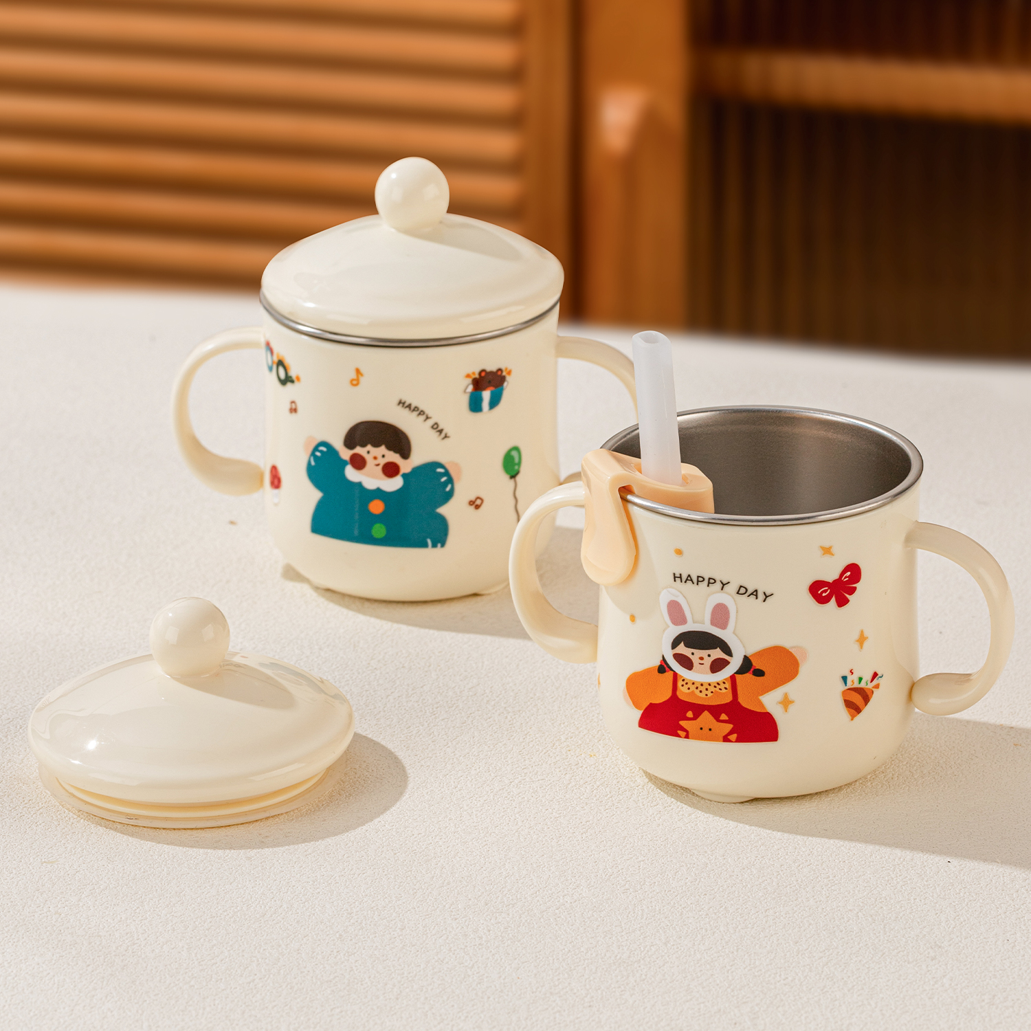 316不锈钢儿童水杯宝宝1到3岁敞口双柄学饮吸管杯防摔喝水牛奶杯 - 图1