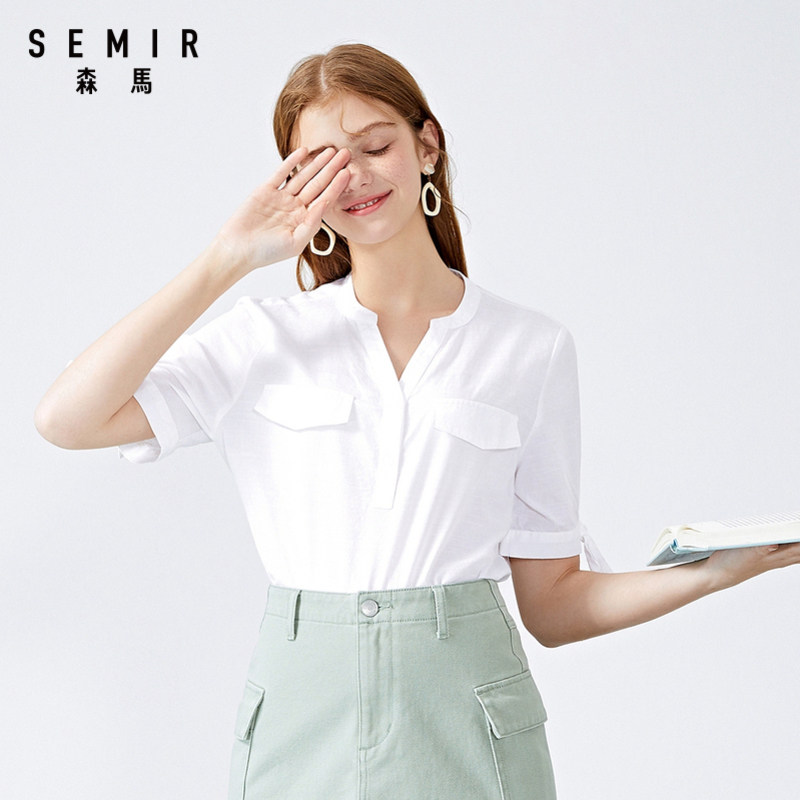 森马短袖2020夏季新款简约v领衬衫 森马outlets店衬衫