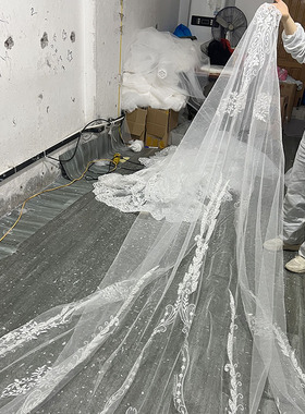 新娘主婚纱头纱超长拖尾蕾丝花边单层结婚超仙森系纱头饰重工发梳