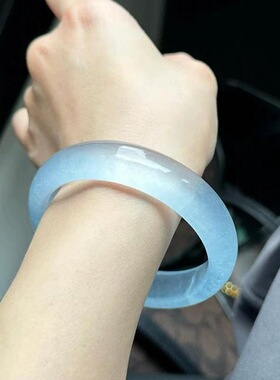 高冰种库里蓝玉髓蓝晴水手镯女玛瑙手镯马料翡翠玉镯石英岩玉处理
