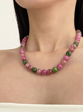 天然碧玺石彩色巴胺串珠项链女