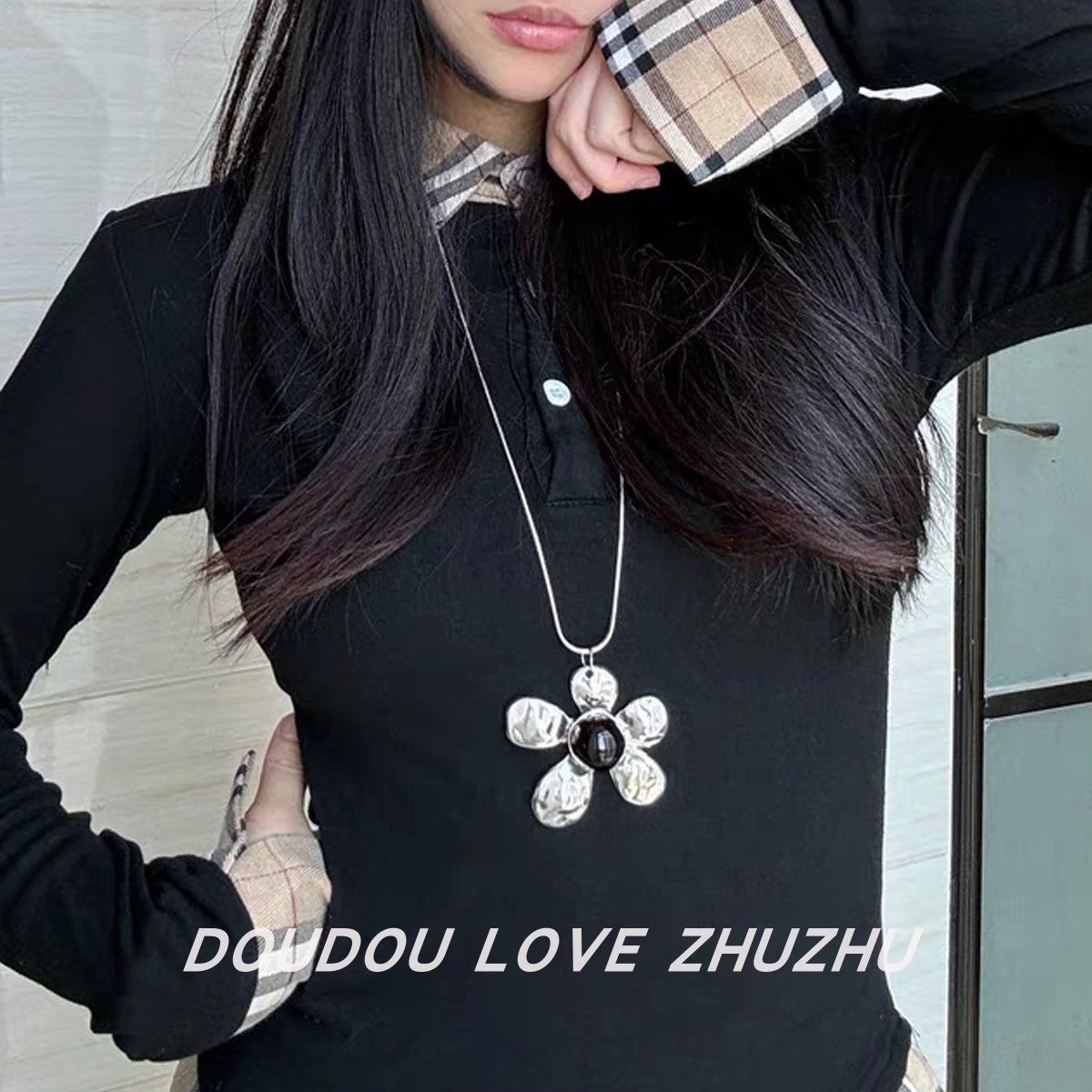金属冷淡风银色大花朵长链项链女时髦黑宝石锁骨颈链毛衣卫衣链,淘宝优惠券,粉丝福利购,淘宝优惠卷