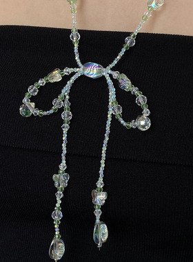 薄荷绿流苏蝴蝶结串珠水晶项链