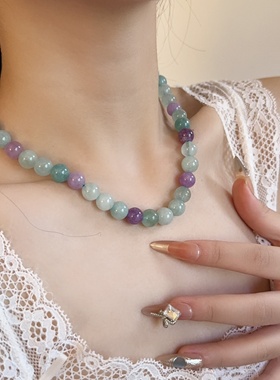 新中式淡青色天然石串珠项链仙女