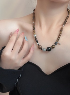 美拉德棕色虎眼石多元素串珠项链