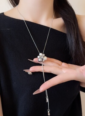 时尚珍珠金属圆柱吊坠项链流苏长