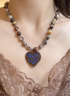 天然石串珠字母爱心吊坠甜酷项链