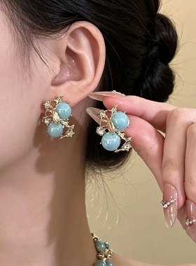 中古风轻奢蓝色串珠项链耳环套装