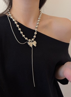 蝴蝶结吊坠银色圆珠串珠链条项链
