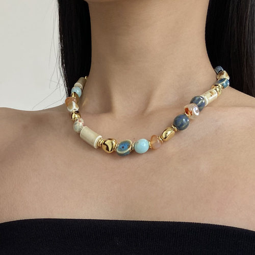 彩色多巴胺复古vintage中古陶瓷拼接项链女choker异形不规则颈链 - 图0