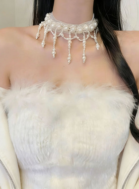 轻奢白色蕾丝珍珠流苏吊坠项链女