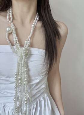 长款围巾式珍珠编织毛衣链夸张女