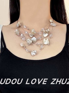 粉色巴洛克异形珍珠串珠项链女