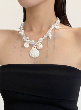 贝壳海螺吊坠串珠项链女锁骨链