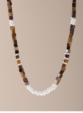 金属碎银拼接竹节女虎眼石项链