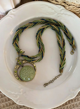 清新优雅绿色几何圆形吊坠项链女