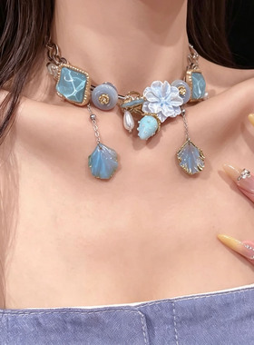 甜酷蓝色水晶草莓贝壳流苏项链女