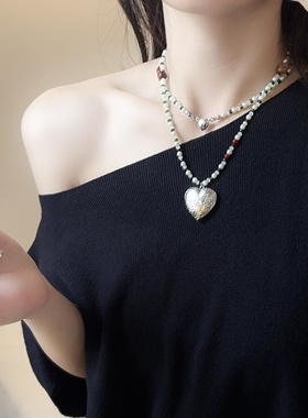 简约复古珍珠串珠爱心吊坠项链长