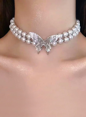 贝壳蝴蝶双层珍珠项链气质短款