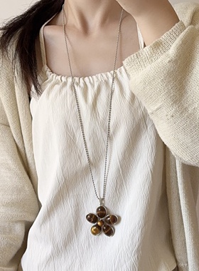 棕色花朵吊坠长款项链女毛衣链潮