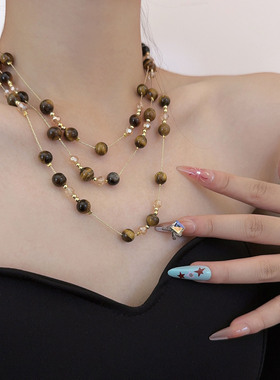 复古美拉德虎眼石双层串珠项链长
