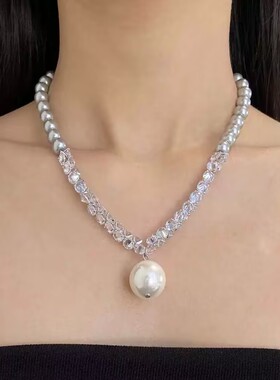 高亮珍珠透明白水晶串珠项链
