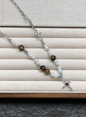 美拉德虎眼石珍珠串珠项链锁骨链
