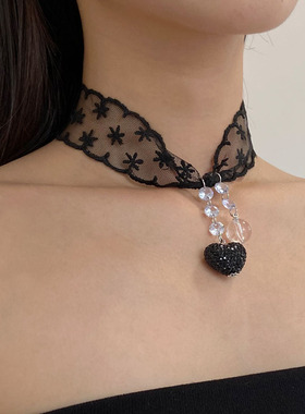 时尚闪钻爱心仿水晶流苏蕾丝项链