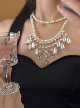 多层珍珠串珠水滴锆石流苏项链女