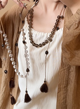 透明串珠叠带流苏项链长款毛衣链